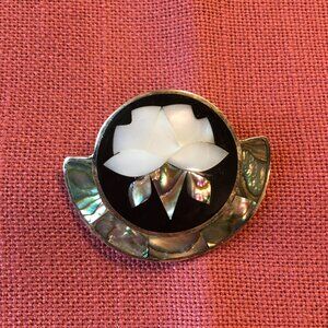 Vintage Abalone Shell Pendant Brooch Pin Signed ALPACA MEXICO- Lotus Flower